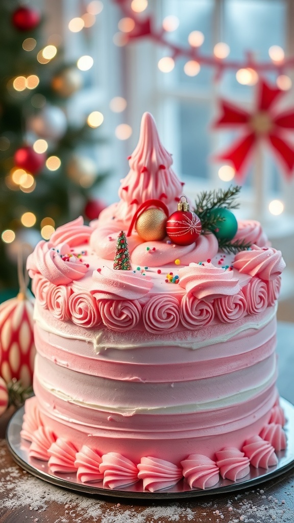 A pink Christmas cake with festive decorations, set in a cozy holiday atmosphere.